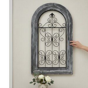 IRON WALL DECOR -- Rustic, Arched, Wooden Frame, Distressed, Scrollwork, Decor